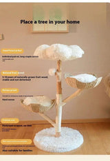Modern cat climbing tree blending solid wood and natural rattan nests