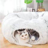 Grey round cat bed with plush lining and foldable tunnel, ideal for keeping pets warm in winter