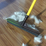 Pet hair removal made easy with double-section retractable rubber broom for various floor surfaces