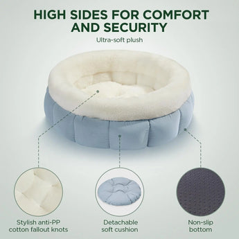 Secure and cozy round cat bed with raised edges for added comfort.