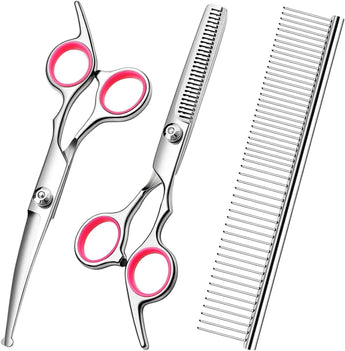 Professional dog grooming scissors with safety round tips and ergonomic handles for trimming delicate areas, suitable for cats and dogs.