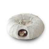 Foldable round plush cat bed tunnel with warm, cozy design for winter; multifunctional pet nest