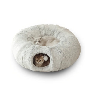 Foldable round plush cat bed tunnel with warm, cozy design for winter; multifunctional pet nest