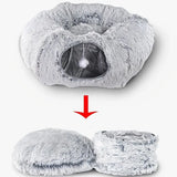 Round plush winter cat bed with a foldable tunnel design, warm and cozy pet nest ideal for cats