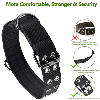 Black dog collar with metal clasp and sturdiness features on a white background