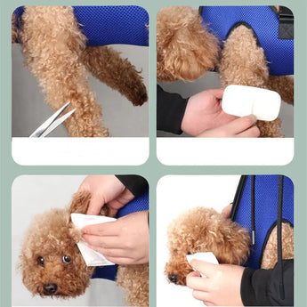 Dog grooming hammock restraint bag with soft fabric support for trimming nails and washing paws.