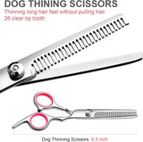 Pet grooming scissors set with safety tips and comfortable rubber-ring ergonomic handles for precise grooming.