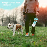 Dog water bottle and bowl combo, leak-proof, portable, and convenient for outdoor pet hydration.