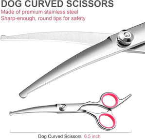 Stainless steel dog grooming kit with rounded-tip shears and adjustable screw for safe and effective pet grooming.