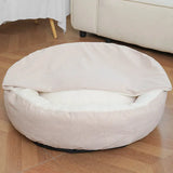 Beige Winter-proof dog bed with hood and built-in blanket