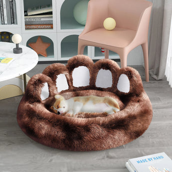 Inviting thickened warm bear paw pet bed embraces kennel style, ensuring comfort and deep sleep. -  Khaki-S-50cm