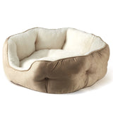 Plush round pet bed suitable for dogs and cats, designed for comfort, warmth, and stress relief