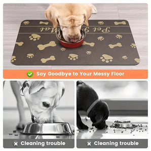 Non-slip dog food placemat in paw-print design, absorbent and stylish for healthy dining.