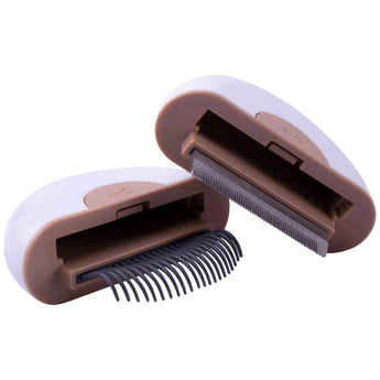 Pet grooming tool with comb and brush on a white background