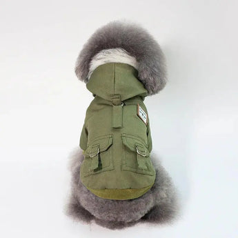 Warm and functional dog coat with cap hoodie for outdoor adventures in winter.