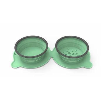 Portable Silicone Double Dog Food Bowls Foldable Non-Slip Cat Bowl green