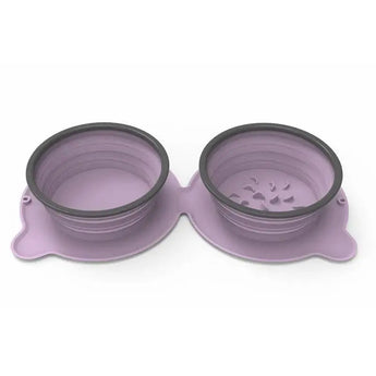 Portable Silicone Double Dog Food Bowls Foldable Non-Slip Cat Bowl purple