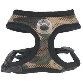 Pet-friendly breathable mesh harness offering style, comfort, and control for hassle-free dog walks. in camo