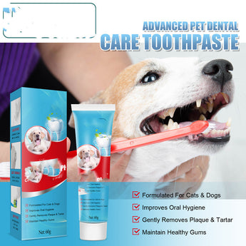 Pet dental care toothpaste with packaging, tube, and dog brushing teeth on a blue background