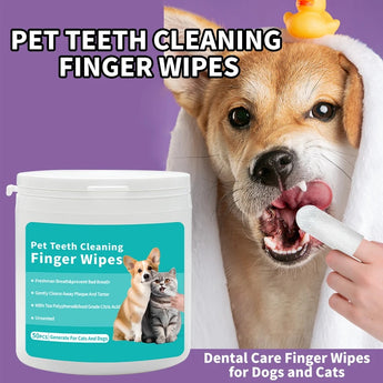Pet teeth cleaning finger wipes with a dog and cat on the packaging, and a dog being cleaned by a person.