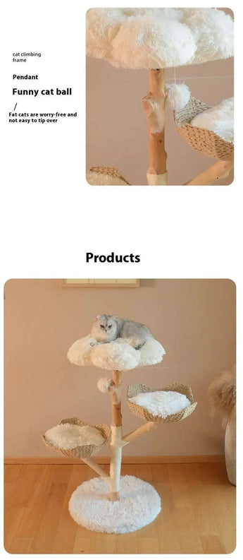 Elegant cat tree with a nature-inspired design and fluffy bedding
