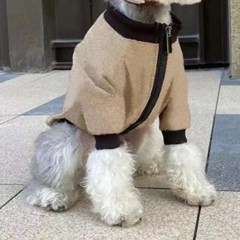 Large dog in a 2XL khaki pet jacket, offering comfort and warmth for bigger breeds.