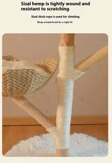 Natural wood cat climbing frame with soft, fluffy bed for added comfort