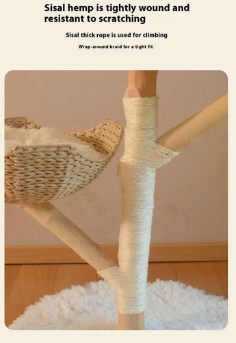 Natural wood cat climbing frame with soft, fluffy bed for added comfort