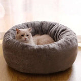 Premium long plush cat bed with donut round shape delivers cushion mat and winter warmth.