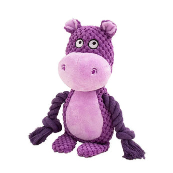 Hippo-themed squeaky toy made of soft fabric, ideal for gentle chewers.