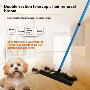 Double-section retractable rubber broom efficiently removes pet hair from carpets, hardwood floors, and tiles