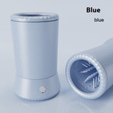Blue cylindrical container with a lid on a light blue background